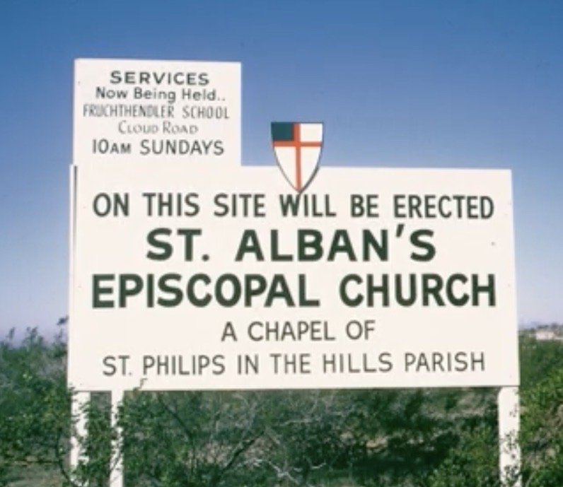 Early sign announcing the future site of St. Alban’s Episcopal Church.