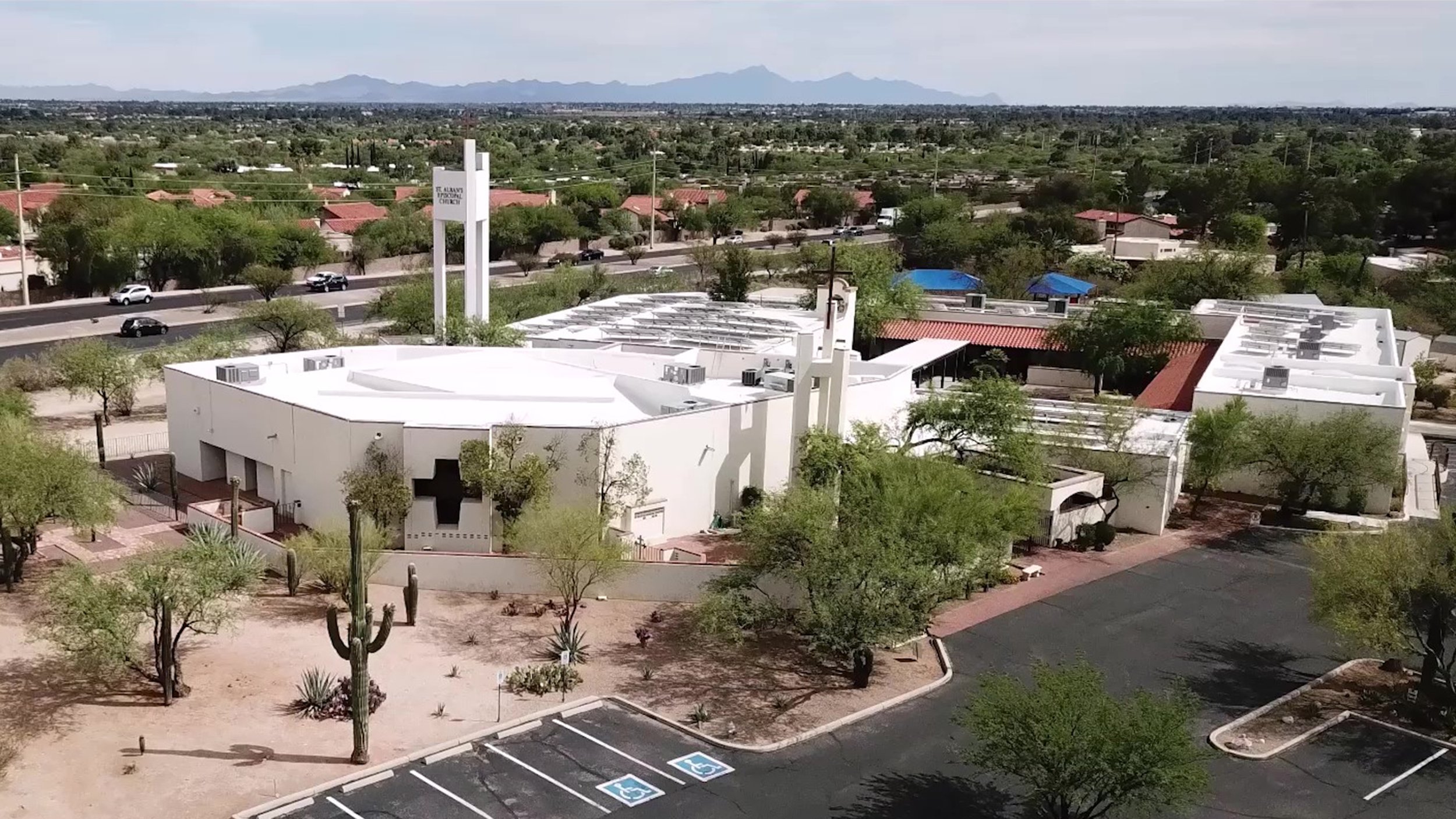 Aerial view of St. Alban’s church, preschool, courtyards and parking area.