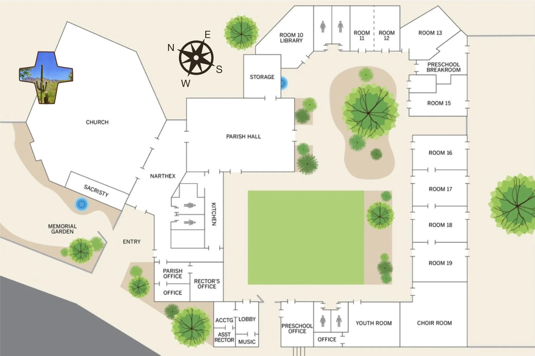 Campus map showing the church, parish hall, Memorial Garden, offices, preschool rooms, youth room and choir room.