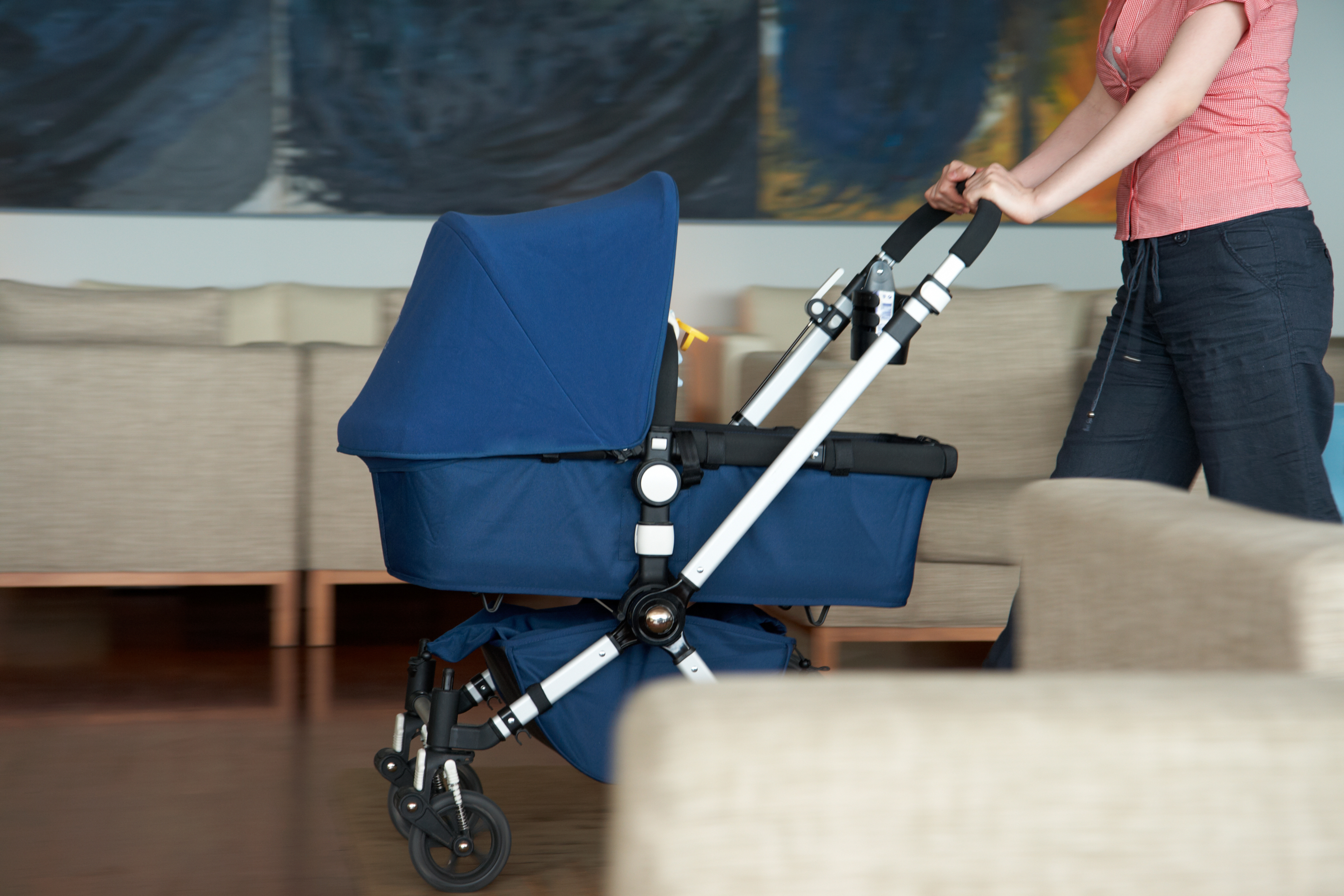 Pushing Blue Stroller